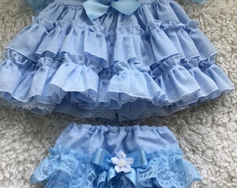 Handmade Spanish style Dress & Pants baby outfit in blue. 2 sizes available.