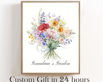 May include: A framed watercolor painting of a bouquet of flowers in shades of pink, yellow, blue, and green. The flowers are arranged in a vase and the text "Grandma's Garden" is written below the bouquet.