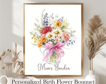 May include: A watercolor painting of a bouquet of colorful flowers in a glass jar with a pink ribbon. The flowers include daisies, carnations, and other wildflowers. The text "Mom's Garden" is written below the jar.