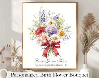 Fiore personalizzato per il mese di nascita, bouquet di fiori personalizzato per la nascita della famiglia, regalo per la mamma, regalo per la festa della mamma, giardino della nonna della mamma, stampa artistica da parete