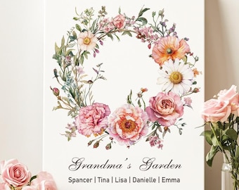Custom Birth Month Flower Wreath Personalized Family Birth Flower Bouquet Christmas Gift for Mom Gift for Grandma’s Garden Print Wall Art