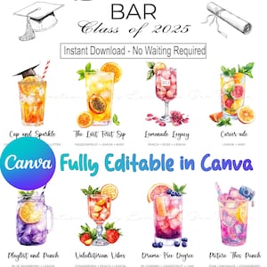 Graduation Party Lemonade Bar Editable Menu Sign Canva template 16 Drink Sign Class of 2025 grad Printable Grad Drink Station Decor Download