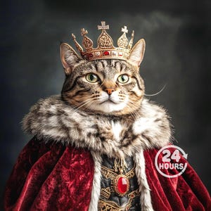 Op de afbeelding: Een koninklijke tabbykat met een gouden kroon met rode accenten, een kraag met bont en een rode fluwelen mantel. De kat heeft groene ogen en een serieuze uitdrukking. Een afbeelding met de tekst "24 HOURS" staat rechtsonder.