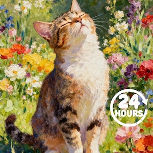 May include: An oil painting of a brown and white tabby cat sitting with eyes closed in a vibrant garden filled with colorful flowers. A white circular graphic with the text 24 HOURS is overlaid on the lower right side of the floral scene.