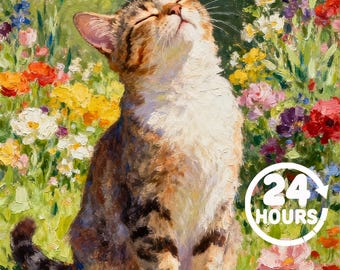 May include: An oil painting of a brown and white tabby cat sitting with eyes closed in a vibrant garden filled with colorful flowers. A white circular graphic with the text 24 HOURS is overlaid on the lower right side of the floral scene.