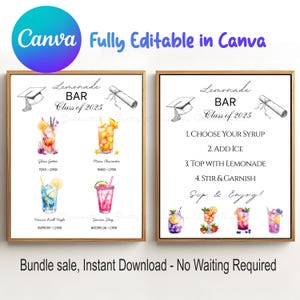 Custom Graduation Party Lemonade Bar Editable Menu Sign and Lemonade Bar Recipe Bundle Canva template Class of 2025 grad Printable Drink