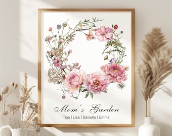 Custom Birth Month Flower Wreath Personalized Family Birth Flower Bouquet Christmas Gift for Mom Gift for Grandma’s Garden Print Wall Art