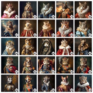 Op de afbeelding: Een collage van 25 afbeeldingen met verschillende huisdieren die in koninklijke kleding zijn gekleed. Elk huisdier draagt een kroon en een koninklijke outfit, waaronder een cape, een robe en een sjerp. De huisdieren zijn een mix van katten en honden, en ze kijken allemaal recht in de camera.