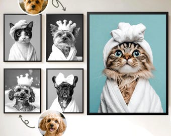 Retrato de mascota personalizado, divertido arte para baño de perro. Mascota personalizada en bañera. Regalo único para mascotas para amantes de los perros. Perro en el baño. Arte de decoración para baño de mascotas.
