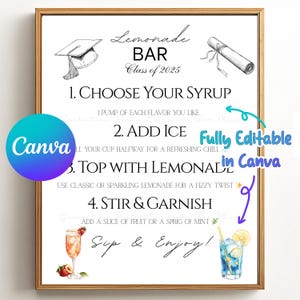 Custom Graduation Party Lemonade Bar Recipe Editable Menu Sign Canva template Class of 2025 grad Printable Grad Drink Station Decor Download
