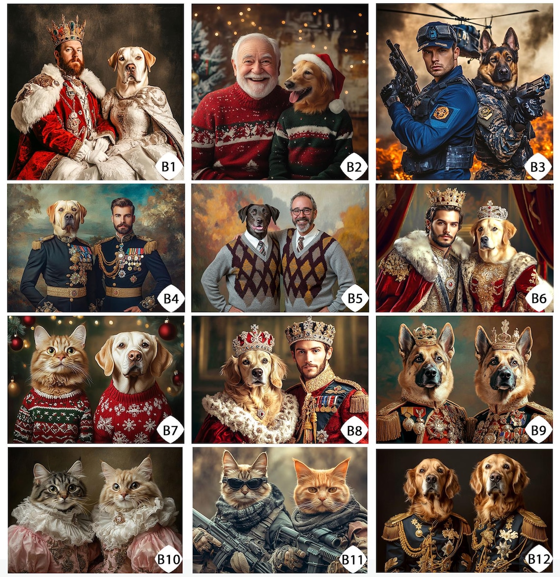 可能包括：一组人物及其宠物身着华丽服饰、军装和节日毛衣的肖像照。照片中展示了各种动物，包括猫狗，以及它们的主人，营造出一种奇幻而艺术的氛围。