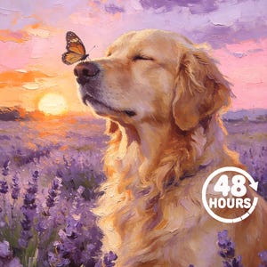 May include: An oil painting of a golden dog with eyes closed in a lavender field at sunset, with a monarch butterfly perched on its nose. The image features a white circular graphic with the text 48 HOURS and a curved arrow icon.