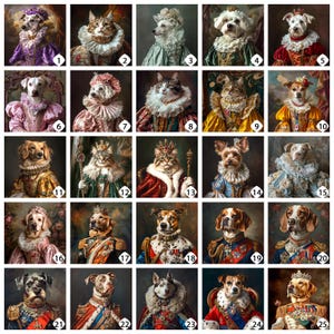 Op de afbeelding: Een collage van 25 afbeeldingen met verschillende huisdieren die in koninklijke kleding zijn gekleed. Elk huisdier draagt een ander kostuum, waaronder kronen, gewaden en sieraden. De huisdieren zijn allemaal in een koninklijke houding geposeerd, sommige zitten, staan of liggen. De afbeeldingen zijn in een rasterpatroon gerangschikt, waarbij elke afbeelding is genummerd.