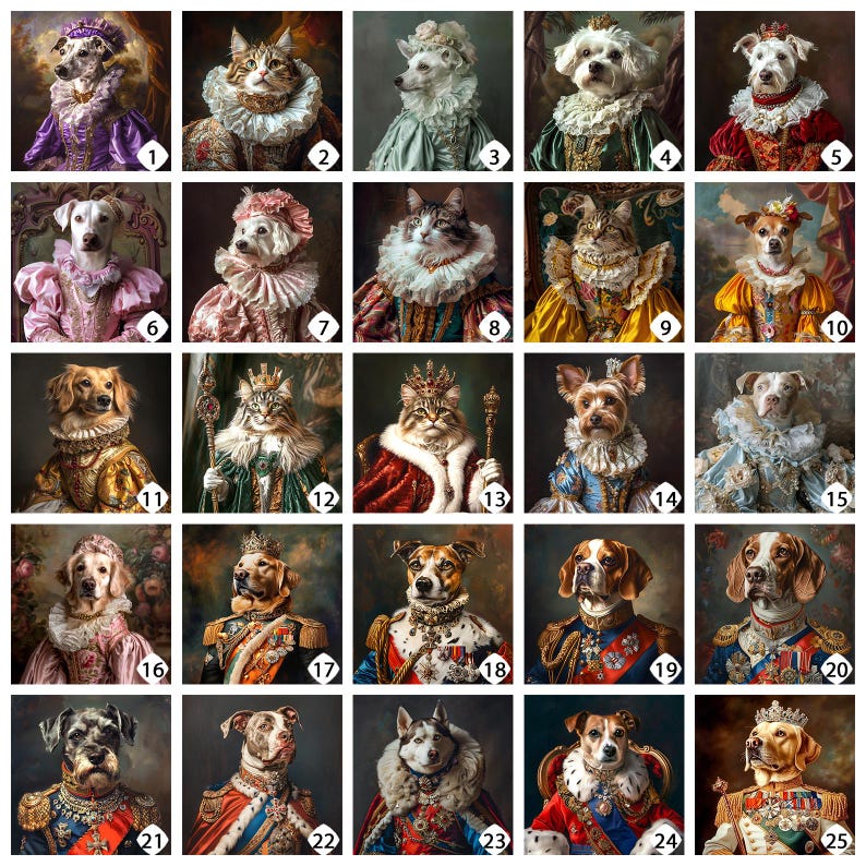 Op de afbeelding: Een collage van 25 afbeeldingen met verschillende huisdieren die in koninklijke kleding zijn gekleed. Elk huisdier draagt een ander kostuum, waaronder kronen, gewaden en sieraden. De huisdieren zijn allemaal in een koninklijke houding geposeerd, sommige zitten, staan of liggen. De afbeeldingen zijn in een rasterpatroon gerangschikt, waarbij elke afbeelding is genummerd.