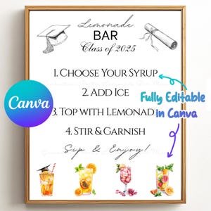 Benutzerdefinierte Abschlussfeier Limonade Bar Rezept bearbeitbares Menü Zeichen Canva Vorlage Klasse von 2025 Grad Printable Grad Drink Station Decor Download
