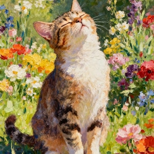 May include: An oil painting of a brown and white tabby cat sitting with eyes closed, head tilted upward, surrounded by a vibrant garden of colorful flowers including red, yellow, pink, and purple blossoms with visible brushstroke textures.