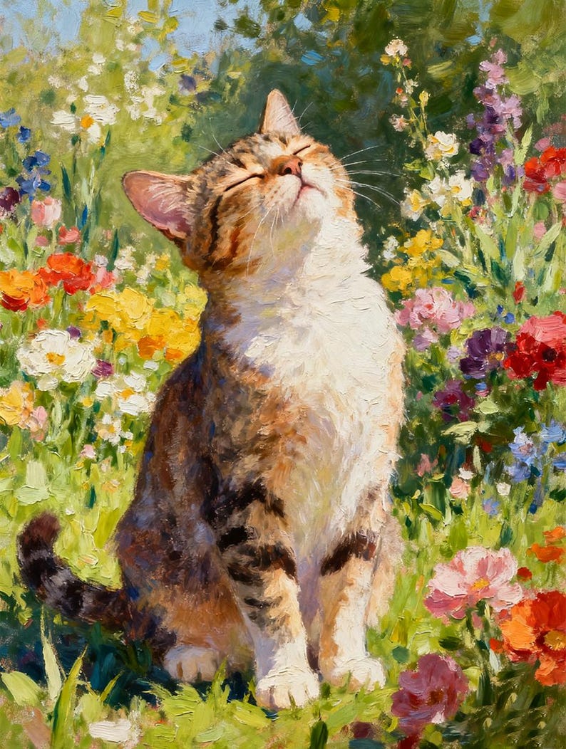 May include: An oil painting of a brown and white tabby cat sitting with eyes closed, head tilted upward, surrounded by a vibrant garden of colorful flowers including red, yellow, pink, and purple blossoms with visible brushstroke textures.