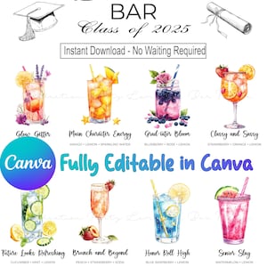 Graduation Party limonade bar menu modifiable signe canva modèle 16 signe de boisson promotion 2025 diplômé imprimable boisson station de décoration téléchargement