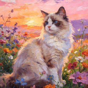 May include: An oil painting of a fluffy white and brown cat with bright blue eyes sitting in a field of colorful wildflowers. The background features a vibrant sunset with shades of pink, orange, and purple, rendered with thick, visible brushstrokes.