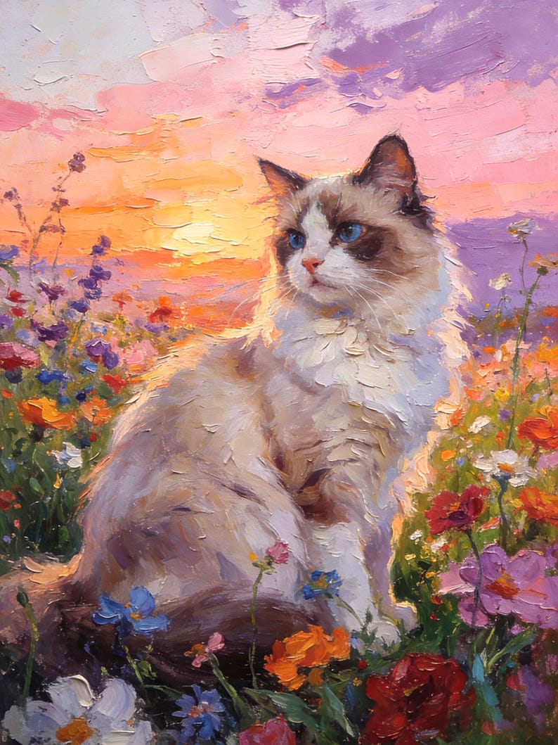 May include: An oil painting of a fluffy white and brown cat with bright blue eyes sitting in a field of colorful wildflowers. The background features a vibrant sunset with shades of pink, orange, and purple, rendered with thick, visible brushstrokes.