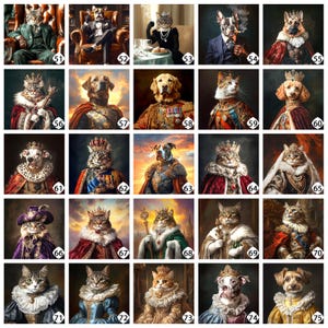 Op de afbeelding: Een collage van 75 afbeeldingen met verschillende dieren gekleed in koninklijke kleding. Elke afbeelding toont een ander dier, waaronder katten, honden en een konijn, die een kroon, een gewaad en andere koninklijke accessoires dragen. De dieren zijn geposeerd in verschillende omgevingen, waaronder kastelen, tuinen en troonkamers.
