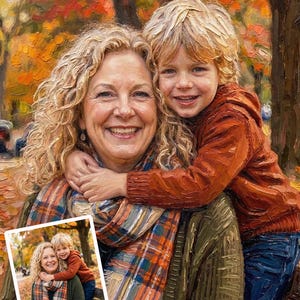 May include: Oil painting of a smiling woman and child embracing, set against a backdrop of autumn foliage. The woman has curly blonde hair and wears a plaid scarf. The child wears a rust-colored hoodie. A smaller image of the pair is in the lower left.