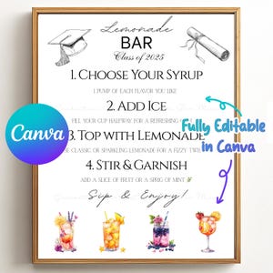 Benutzerdefinierte Abschlussfeier Limonade Bar Rezept bearbeitbares Menü Zeichen Canva Vorlage Klasse von 2025 Grad Printable Grad Drink Station Decor Download
