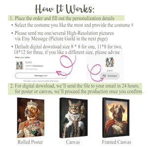Op de afbeelding: Hoe u een aangepast huisdierportret bestelt. De afbeelding toont drie opties voor het eindproduct: een gerolde poster, een canvasprint en een ingelijste canvasprint. De tekst in de afbeelding legt het proces uit voor het bestellen van een aangepast huisdierportret, inclusief de noodzaak om hoge resolutie foto's van uw huisdier te verstrekken.
