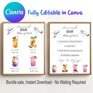 Custom Graduation Party Lemonade Bar Editable Menu Sign and Lemonade Bar Recipe Bundle Canva template Class of 2025 grad Printable Drink