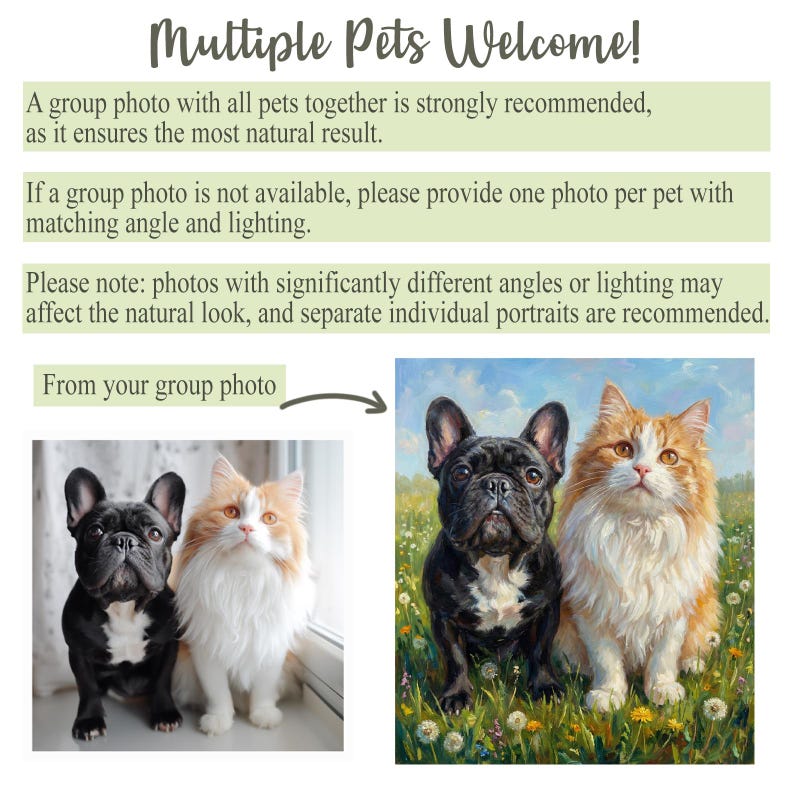 May include: An informational graphic with the text Multiple Pets Welcome! and instructions for submitting pet photos. It shows a reference photo of a black French Bulldog and a long-haired orange and white cat next to a painted portrait of them.