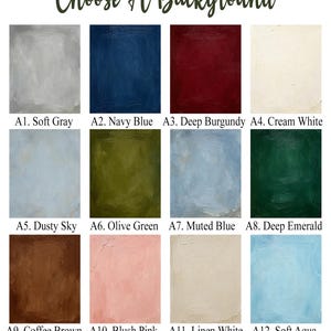 May include: A grid of twelve textured paint swatches labeled A1 through A12, featuring colors including soft gray, navy blue, deep burgundy, cream white, dusty sky, olive green, muted blue, deep emerald, coffee brown, blush pink, linen white, and soft aqua.