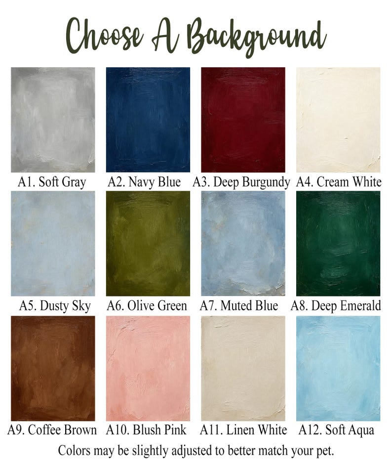 May include: A grid of twelve textured paint swatches labeled A1 through A12, featuring colors including soft gray, navy blue, deep burgundy, cream white, dusty sky, olive green, muted blue, deep emerald, coffee brown, blush pink, linen white, and soft aqua.