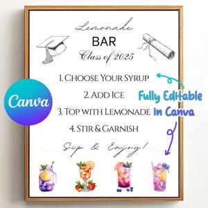 Custom Graduation Party Lemonade Bar Recipe Editable Menu Sign Canva template Class of 2025 grad Printable Grad Drink Station Decor Download