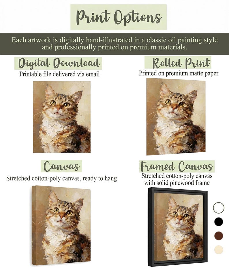 May include: An informational graphic titled Print Options displaying four cat portrait formats: Digital Download, Rolled Print on matte paper, stretched cotton-poly Canvas, and Framed Canvas with a solid pinewood frame and four color swatches.