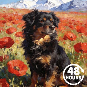 May include: Oil painting of a black and tan dog sitting in a field of red poppies. A snow-capped mountain range is in the background under a blue sky. The image has a painterly style with visible brushstrokes. The text "48 HOURS" is in the lower right corner.