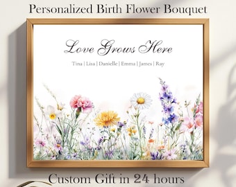 Mese di nascita personalizzato, prato fiorito, bouquet di fiori di nascita personalizzato per la famiglia, regalo per la festa della mamma, regalo per la nonna, stampa artistica da parete