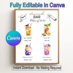 Graduation Party Lemonade Bar Editable Menu Sign Canva template 16 Drink Sign Class of 2025 grad Printable Grad Drink Station Decor Download
