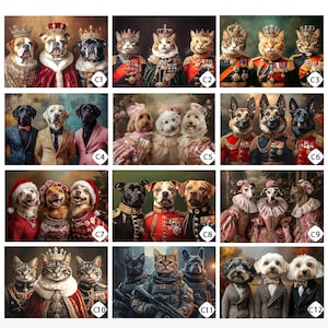 Op de afbeelding: Een collage van 12 afbeeldingen met verschillende dieren die in verschillende kostuums zijn gekleed. Elke afbeelding is gelabeld met een letter en een nummer, zoals "C1" en "C12". De dieren omvatten honden, katten en een paar andere wezens. De kostuums vari&euml;ren van koninklijke kleding tot militaire uniformen.