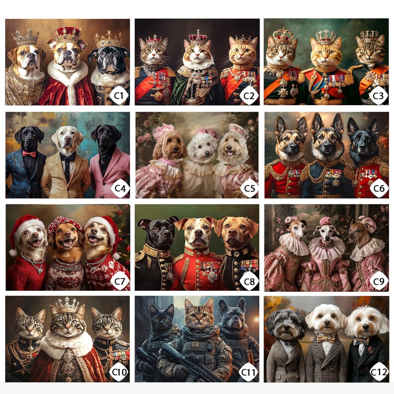 Op de afbeelding: Een collage van 12 afbeeldingen met verschillende dieren die in verschillende kostuums zijn gekleed. Elke afbeelding is gelabeld met een letter en een nummer, zoals "C1" en "C12". De dieren omvatten honden, katten en een paar andere wezens. De kostuums vari&euml;ren van koninklijke kleding tot militaire uniformen.