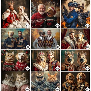 Op de afbeelding: Een collage van twaalf afbeeldingen met verschillende dier-mens-paren. Elke afbeelding toont een persoon en een dier gekleed in vergelijkbare kleding, waaronder kronen, militaire uniformen en truien. De dieren omvatten honden, katten en verschillende rassen.