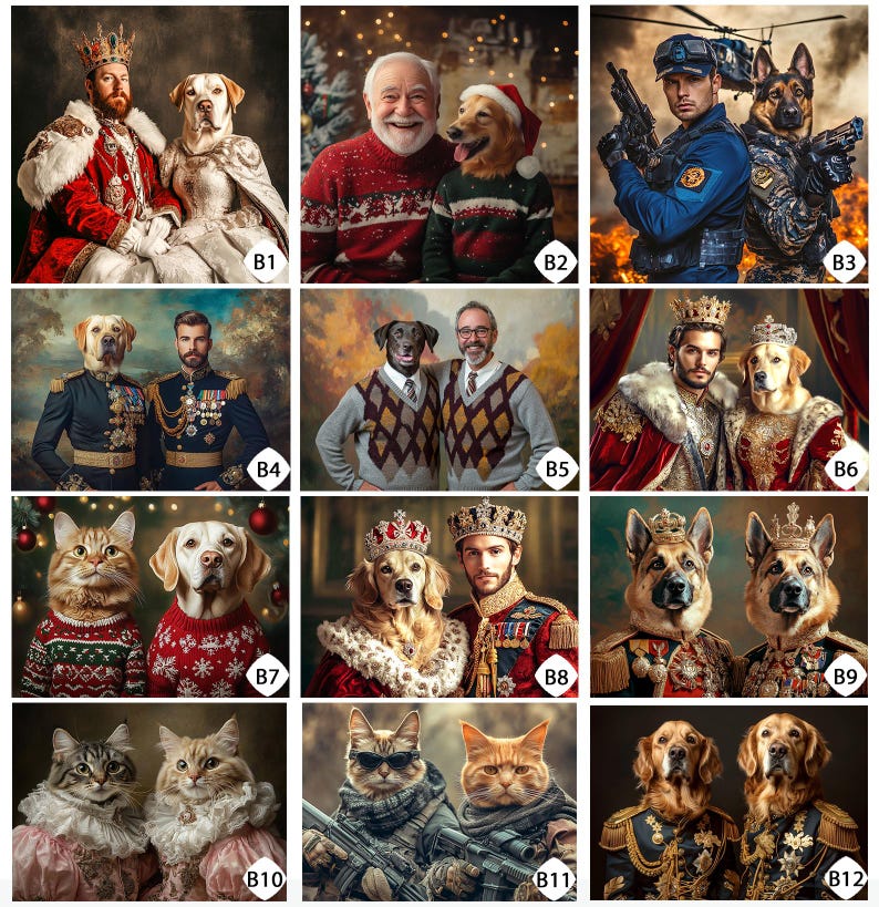 Op de afbeelding: Een collage van twaalf afbeeldingen met verschillende dier-mens-paren. Elke afbeelding toont een persoon en een dier gekleed in vergelijkbare kleding, waaronder kronen, militaire uniformen en truien. De dieren omvatten honden, katten en verschillende rassen.