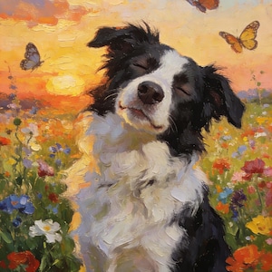 May include: An oil painting of a black and white Border Collie with closed eyes, positioned in a vibrant field of colorful wildflowers. Three orange and brown butterflies fly in the sky above the dog against a warm, golden sunset background.
