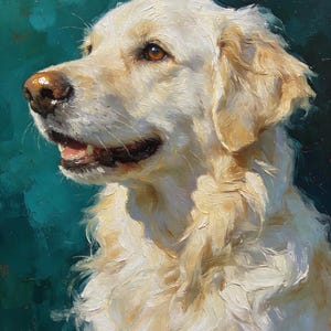 May include: An oil painting of a golden retriever dog with cream-colored fur, brown eyes, and a dark nose. The dog is shown in profile, facing left with its mouth slightly open. The background is a textured, deep teal color with visible brushstrokes.