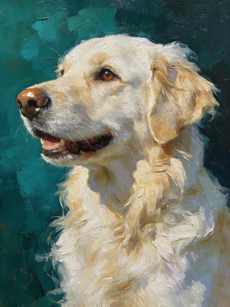 May include: An oil painting of a golden retriever dog with cream-colored fur, brown eyes, and a dark nose. The dog is shown in profile, facing left with its mouth slightly open. The background is a textured, deep teal color with visible brushstrokes.
