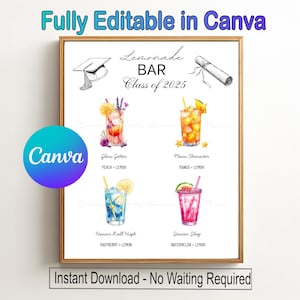 Graduation Party Lemonade Bar Editable Menu Sign Canva template 16 Drink Sign Class of 2025 grad Printable Grad Drink Station Decor Download