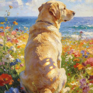 May include: An oil painting of a golden-colored Labrador retriever sitting in a vibrant field of multicolored wildflowers. The dog is facing toward a blue ocean under a bright sky with white clouds. The brushstrokes are thick and textured.