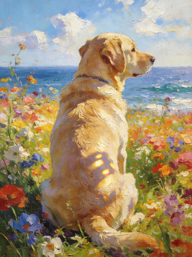 May include: An oil painting of a golden-colored Labrador retriever sitting in a vibrant field of multicolored wildflowers. The dog is facing toward a blue ocean under a bright sky with white clouds. The brushstrokes are thick and textured.