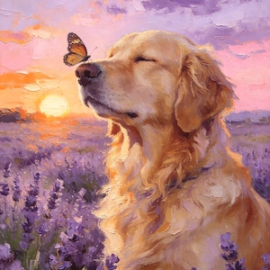 May include: An oil painting of a golden-colored dog with closed eyes sitting in a field of purple lavender flowers. A monarch butterfly is perched on the dog's nose. The background features a vibrant sunset with orange and purple clouds.