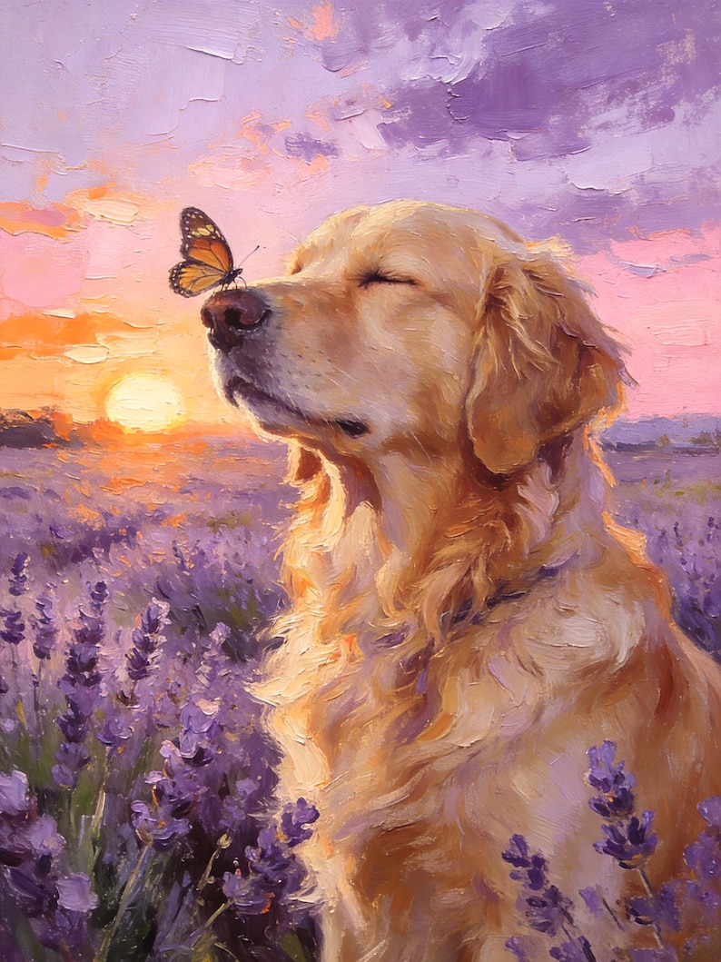 May include: An oil painting of a golden-colored dog with closed eyes sitting in a field of purple lavender flowers. A monarch butterfly is perched on the dog's nose. The background features a vibrant sunset with orange and purple clouds.