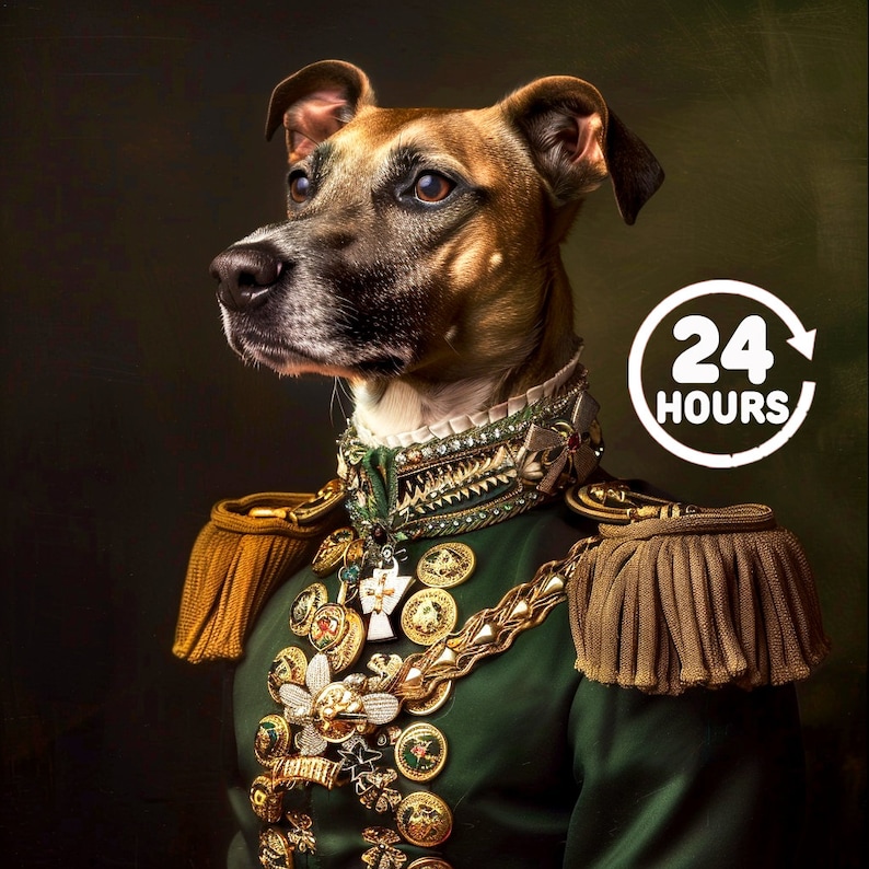 Op de afbeelding: Een bruine en tan hond die een groen militair uniform draagt met gouden versieringen en medailles. De hond kijkt naar links van de afbeelding. De tekst "24 UUR" staat in een cirkel met een pijl in de rechterbovenhoek van de afbeelding.